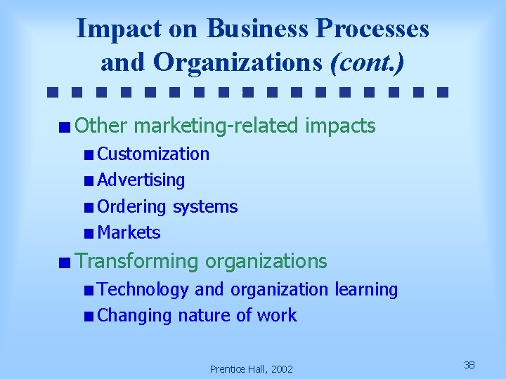 Impact on Business Processes and Organizations (cont. ) Other marketing-related impacts Customization Advertising Ordering