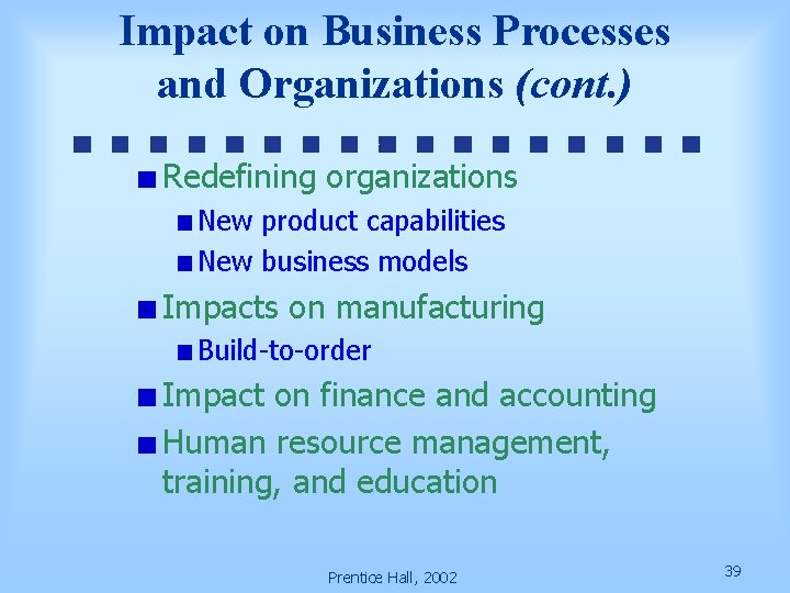 Impact on Business Processes and Organizations (cont. ) Redefining organizations New product capabilities New