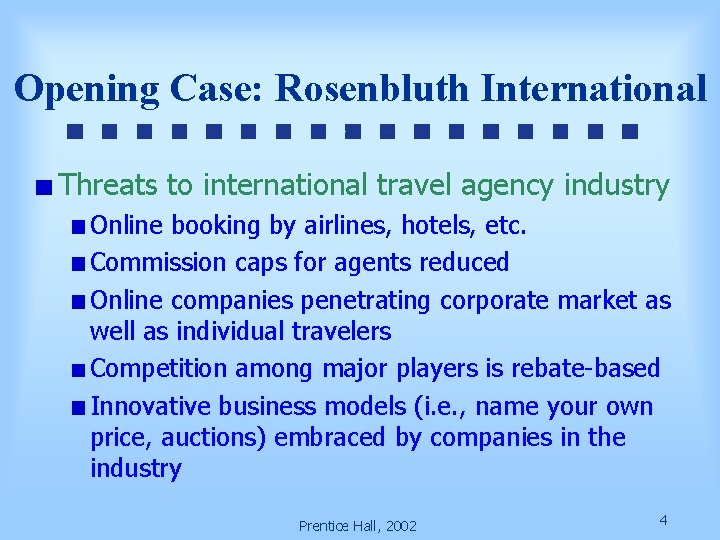 Opening Case: Rosenbluth International Threats to international travel agency industry Online booking by airlines,