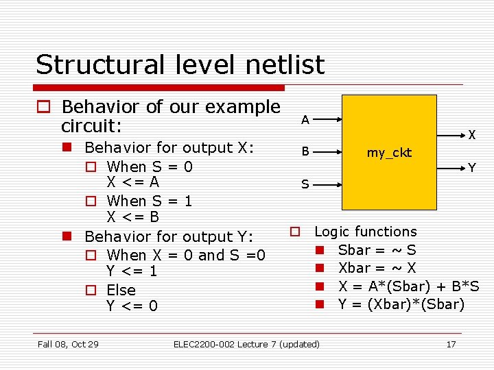 Structural level netlist o Behavior of our example circuit: A n Behavior for output Structural level netlist o Behavior of our example circuit: A n Behavior for output