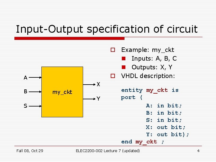 Input-Output specification of circuit o Example: my_ckt n Inputs: A, B, C n Outputs: Input-Output specification of circuit o Example: my_ckt n Inputs: A, B, C n Outputs: