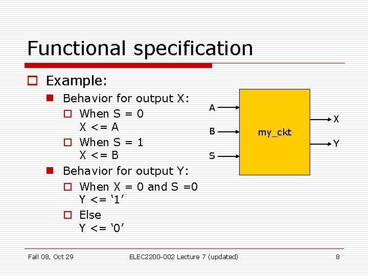 Functional specification o Example: n Behavior for output X: o When S = 0 Functional specification o Example: n Behavior for output X: o When S = 0