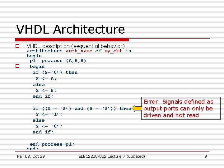 VHDL Architecture o o VHDL description (sequential behavior): architecture arch_name of my_ckt is begin VHDL Architecture o o VHDL description (sequential behavior): architecture arch_name of my_ckt is begin