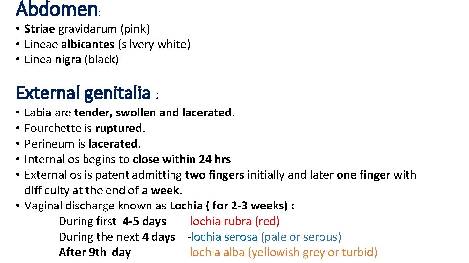 Abdomen: • Striae gravidarum (pink) • Lineae albicantes (silvery white) • Linea nigra (black) Abdomen: • Striae gravidarum (pink) • Lineae albicantes (silvery white) • Linea nigra (black)
