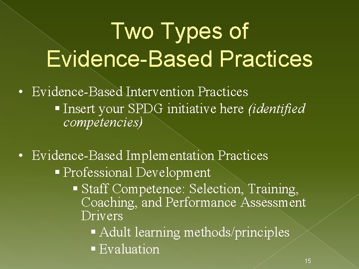 Two Types of Evidence-Based Practices • Evidence-Based Intervention Practices § Insert your SPDG initiative