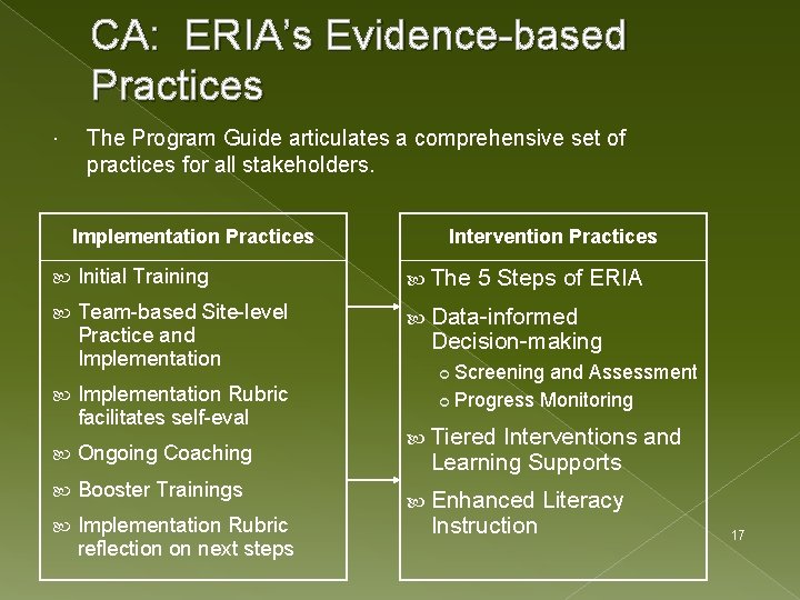 CA: ERIA’s Evidence-based Practices The Program Guide articulates a comprehensive set of practices for