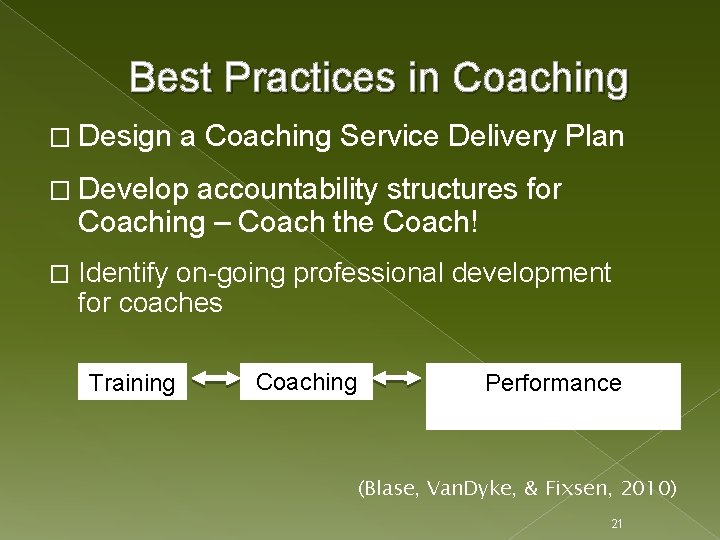Best Practices in Coaching � Design a Coaching Service Delivery Plan � Develop accountability