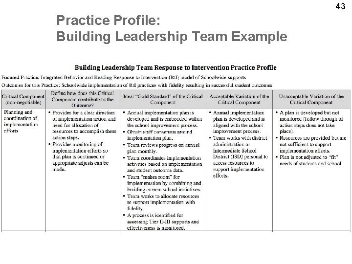 43 Practice Profile: Building Leadership Team Example 