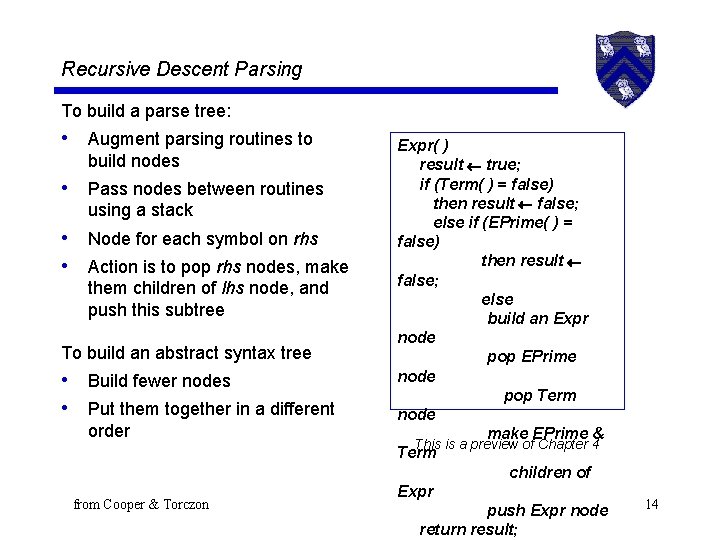 Recursive Descent Parsing To build a parse tree: • Augment parsing routines to build