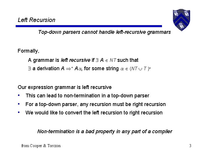 Left Recursion Top-down parsers cannot handle left-recursive grammars Formally, A grammar is left recursive