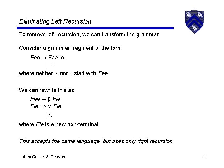 Eliminating Left Recursion To remove left recursion, we can transform the grammar Consider a