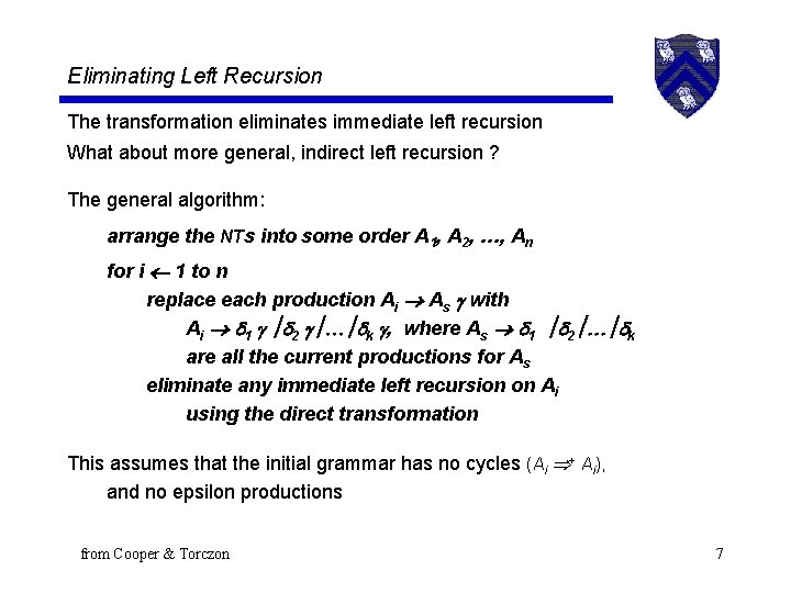 Eliminating Left Recursion The transformation eliminates immediate left recursion What about more general, indirect