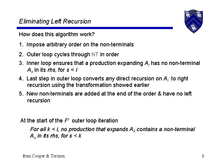 Eliminating Left Recursion How does this algorithm work? 1. Impose arbitrary order on the