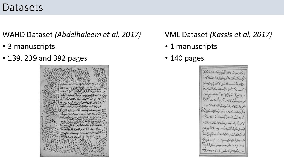 Datasets WAHD Dataset (Abdelhaleem et al, 2017) • 3 manuscripts • 139, 239 and Datasets WAHD Dataset (Abdelhaleem et al, 2017) • 3 manuscripts • 139, 239 and