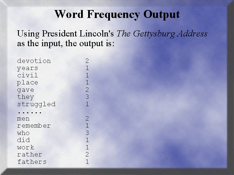 Word Frequency Output Using President Lincoln's The Gettysburg Address as the input, the output