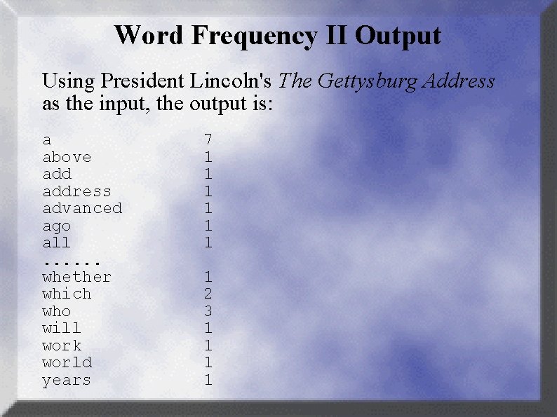 Word Frequency II Output Using President Lincoln's The Gettysburg Address as the input, the