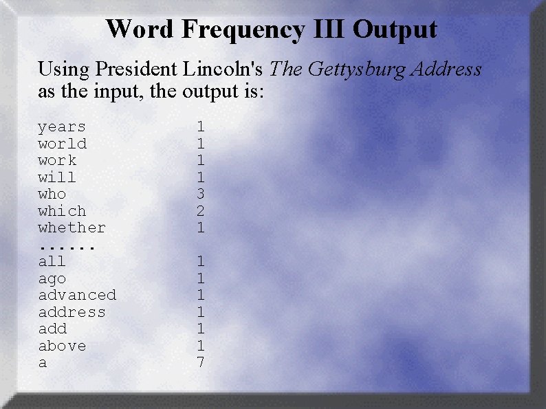 Word Frequency III Output Using President Lincoln's The Gettysburg Address as the input, the