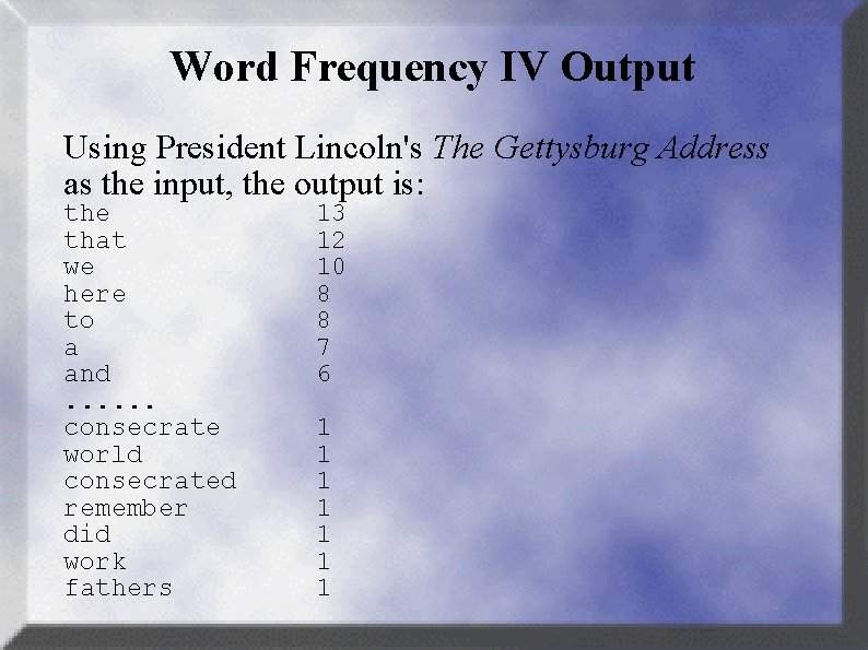 Word Frequency IV Output Using President Lincoln's The Gettysburg Address as the input, the
