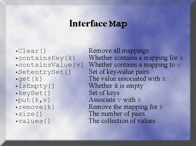 Interface Map • Clear() • contains. Key(k) • contains. Value(v) • Setentry. Set() •