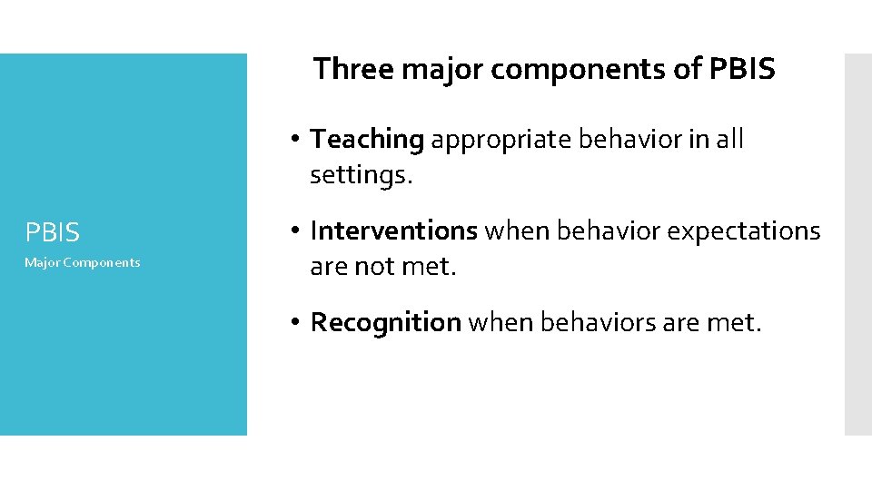 Three major components of PBIS • Teaching appropriate behavior in all settings. PBIS Major