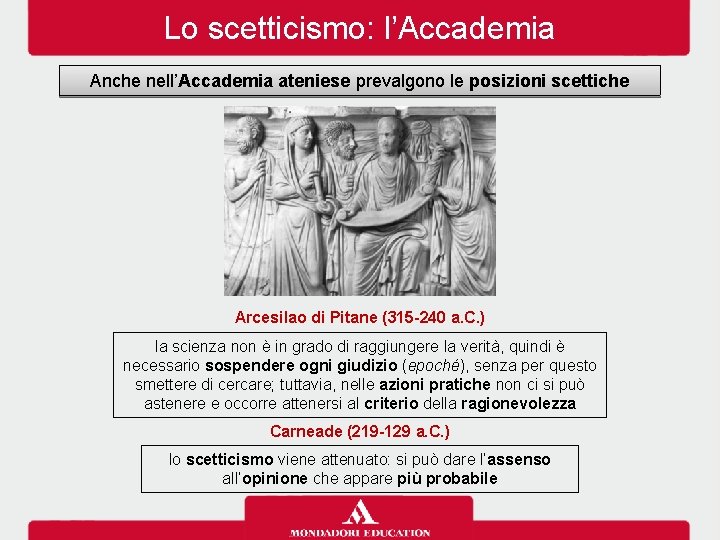 Lo scetticismo: l’Accademia Anche nell’Accademia ateniese prevalgono le posizioni scettiche Arcesilao di Pitane (315