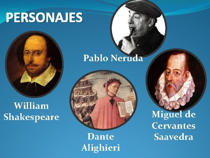 PERSONAJES Pablo Neruda William Shakespeare Dante Alighieri Miguel de Cervantes Saavedra 