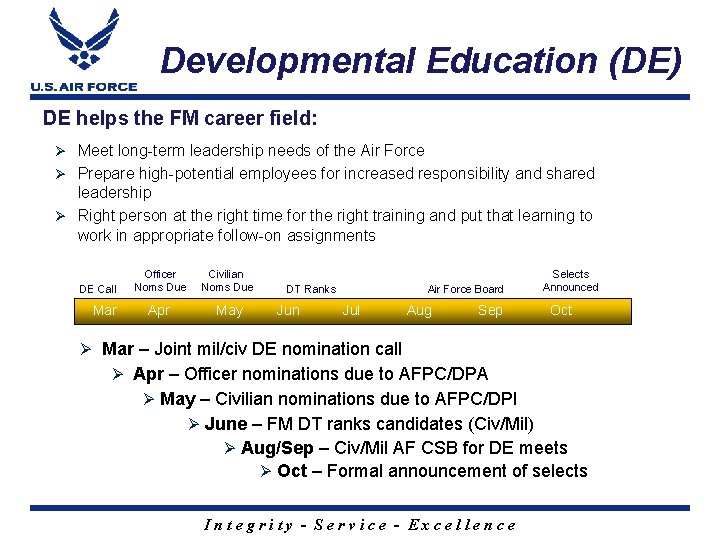 Developmental Education (DE) DE helps the FM career field: Ø Meet long-term leadership needs