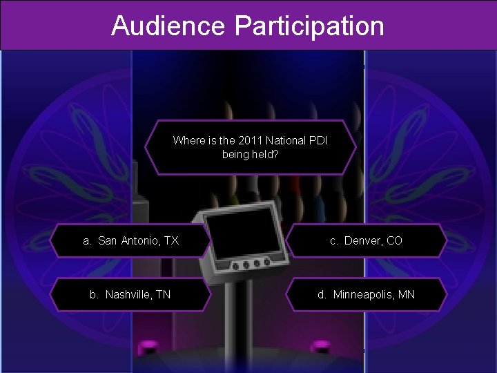 Audience Participation Where is the 2011 National PDI being held? a. San Antonio, TX