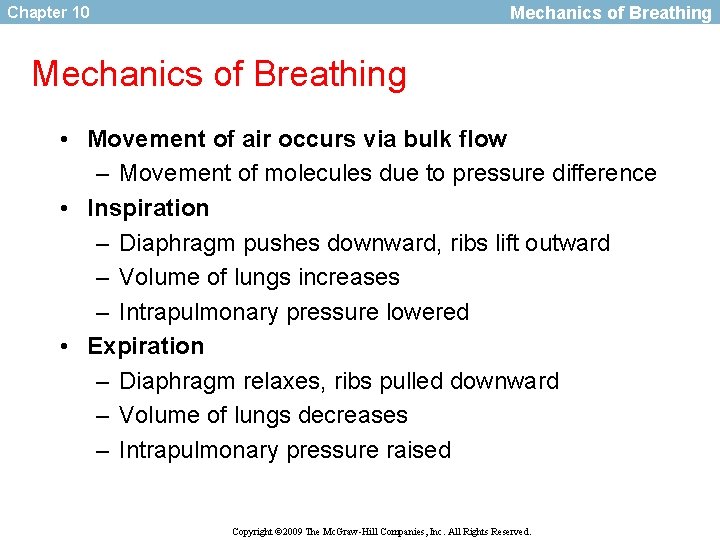 Mechanics of Breathing Chapter 10 Mechanics of Breathing • Movement of air occurs via