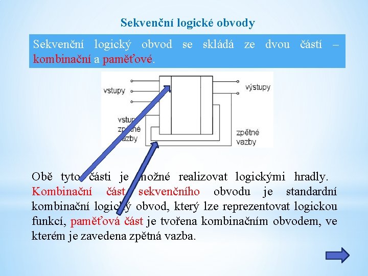 Sekvenční logické obvody Sekvenční logický obvod se skládá ze dvou částí – kombinační a