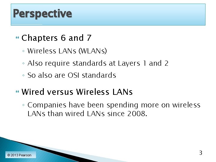 Perspective Chapters 6 and 7 ◦ Wireless LANs (WLANs) ◦ Also require standards at