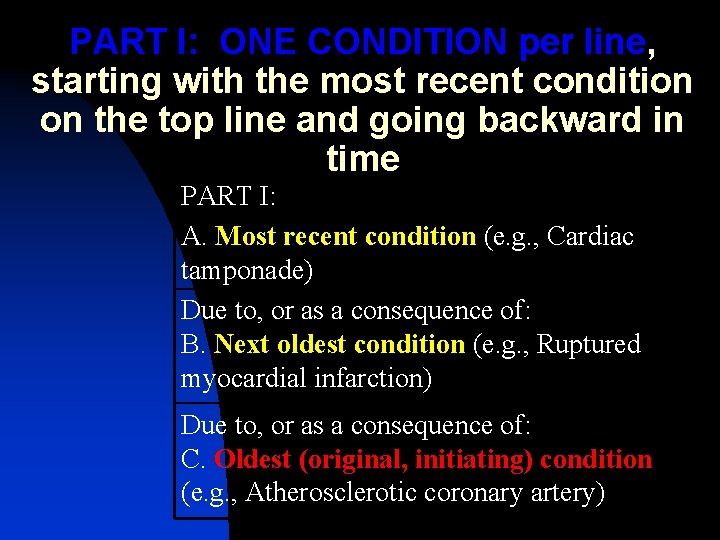 PART I: ONE CONDITION per line, starting with the most recent condition on the