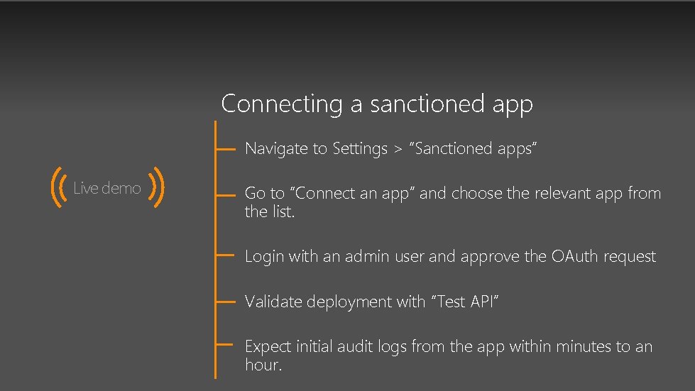 Connecting a sanctioned app Navigate to Settings > “Sanctioned apps” Live demo Go to