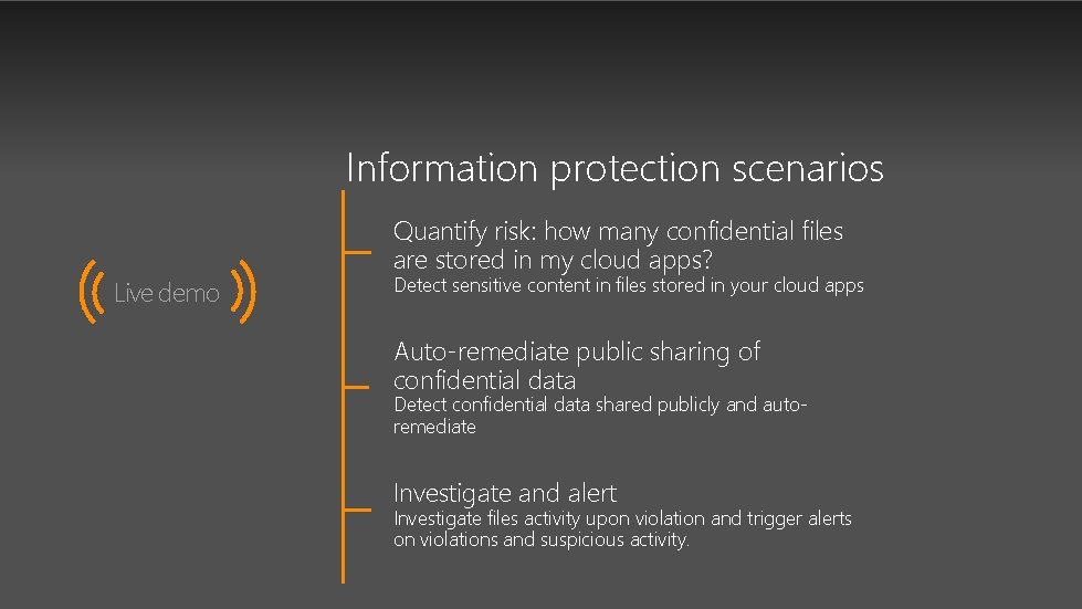 Information protection scenarios Live demo Quantify risk: how many confidential files are stored in