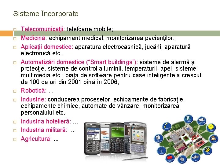 Sisteme Încorporate Telecomunicaţii: telefoane mobile; Medicină: echipament medical, monitorizarea pacienţilor; Aplicaţii domestice: aparatură electrocasnică,