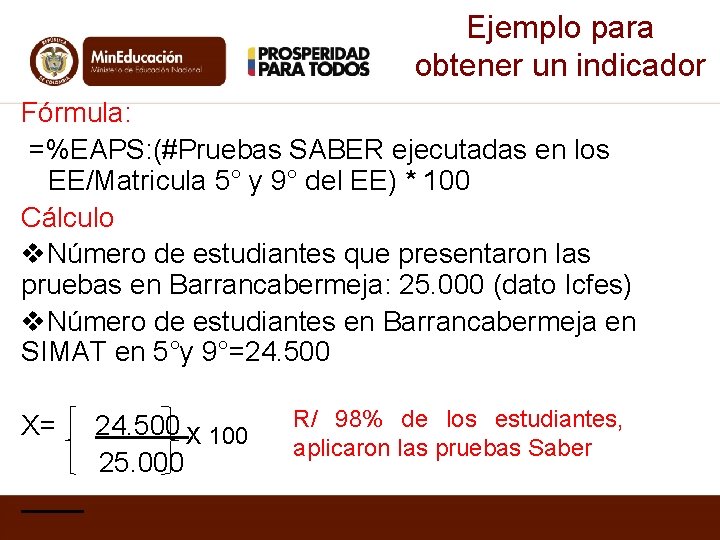 Ejemplo para obtener un indicador Fórmula: =%EAPS: (#Pruebas SABER ejecutadas en los EE/Matricula 5°