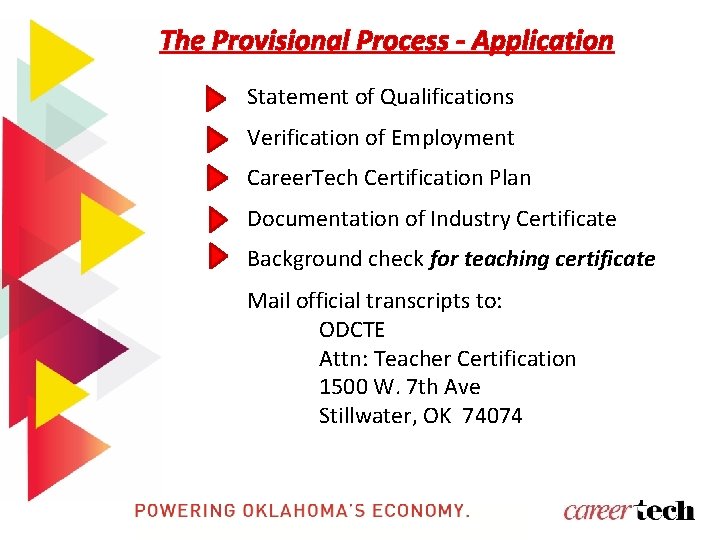 The Provisional Process - Application Statement of Qualifications Verification of Employment Career. Tech Certification