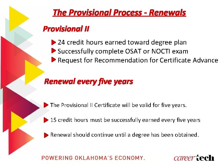 The Provisional Process - Renewals Provisional II 24 credit hours earned toward degree plan