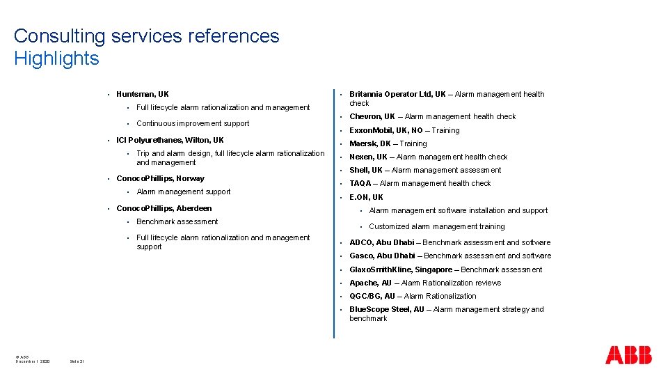 Consulting services references Highlights § § Huntsman, UK § Full lifecycle alarm rationalization and