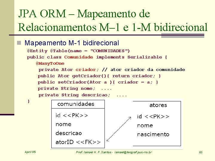 JPA ORM – Mapeamento de Relacionamentos M– 1 e 1 -M bidirecional n Mapeamento