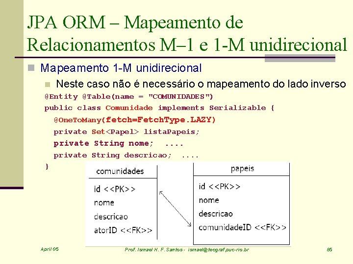 JPA ORM – Mapeamento de Relacionamentos M– 1 e 1 -M unidirecional n Mapeamento