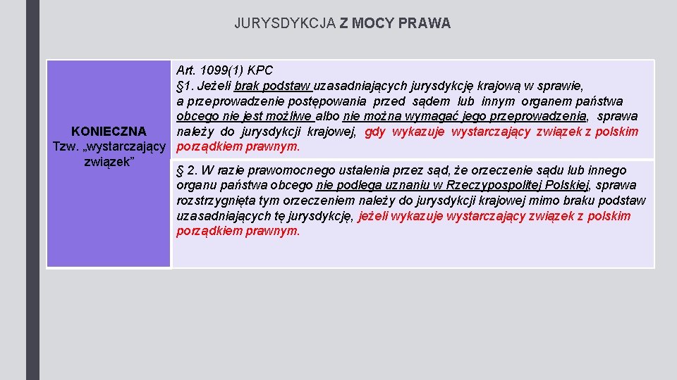 JURYSDYKCJA Z MOCY PRAWA Art. 1099(1) KPC § 1. Jeżeli brak podstaw uzasadniających jurysdykcję