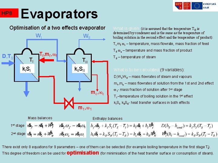 HP 8 Evaporators Optimisation of a two effects evaporator WI WII What is given