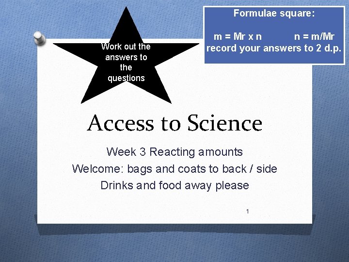 Formulae square: Work out the answers to the questions m = Mr x n