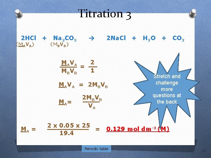Titration 3 2 HCl (MAVA) + Na 2 CO 3 (MBVB) 2 Na. Cl