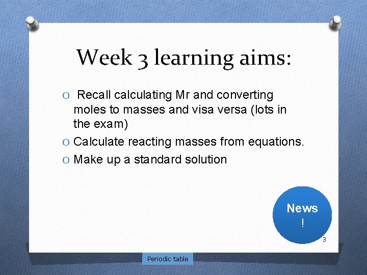 Week 3 learning aims: O Recall calculating Mr and converting moles to masses and