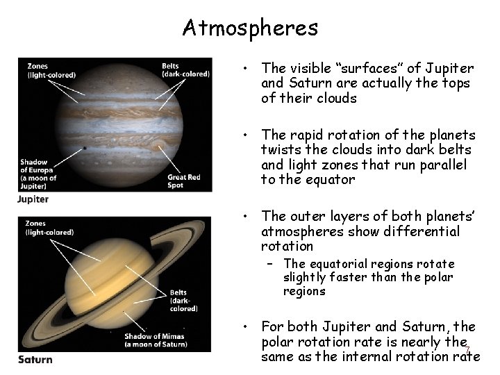 Atmospheres • The visible “surfaces” of Jupiter and Saturn are actually the tops of