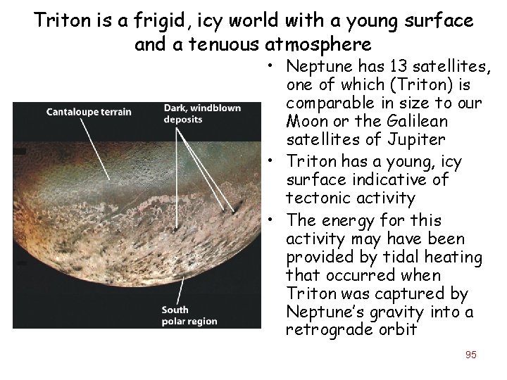 Triton is a frigid, icy world with a young surface and a tenuous atmosphere