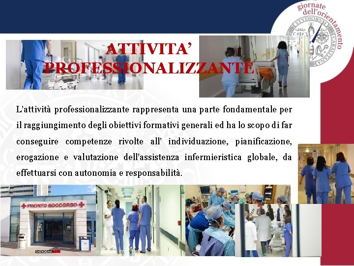 ATTIVITA’ PROFESSIONALIZZANTE L’attività professionalizzante rappresenta una parte fondamentale per il raggiungimento degli obiettivi formativi