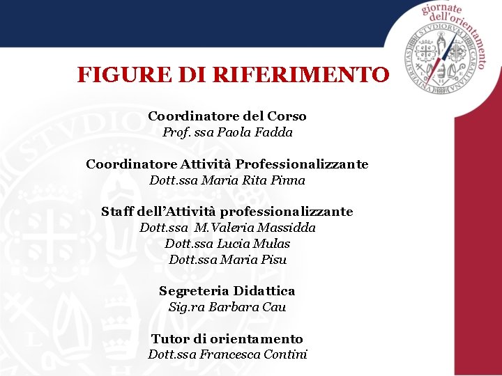 FIGURE DI RIFERIMENTO Coordinatore del Corso Prof. ssa Paola Fadda Coordinatore Attività Professionalizzante Dott.